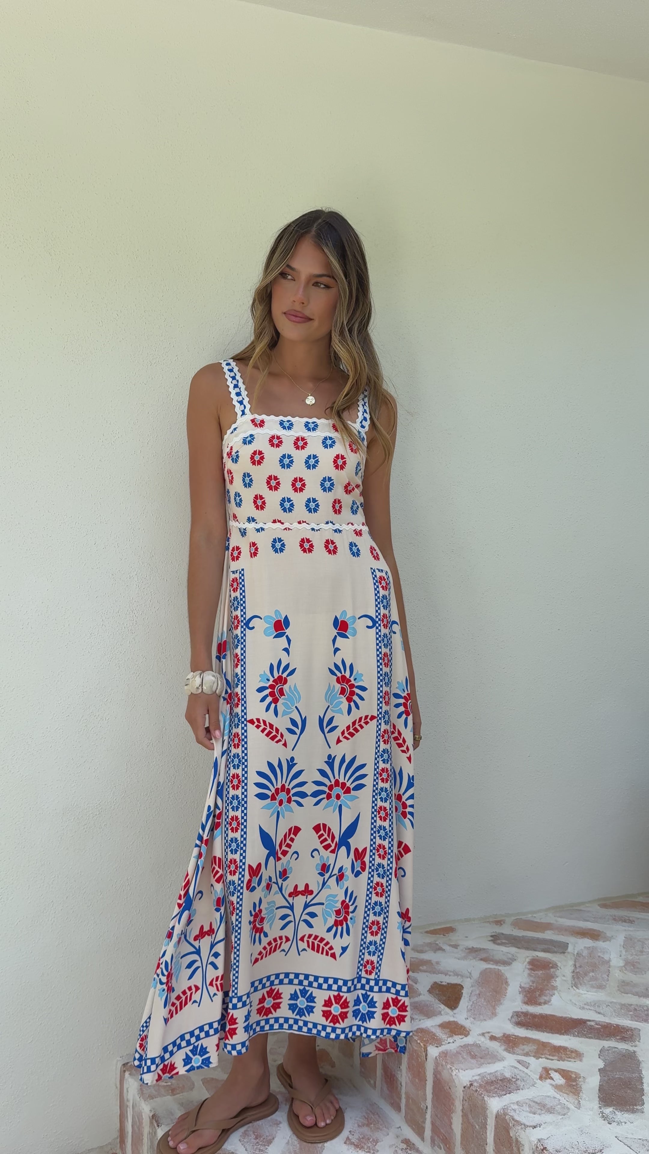 Load video: Michaela Maxi Dress - Blue/Red Floral - Billy J