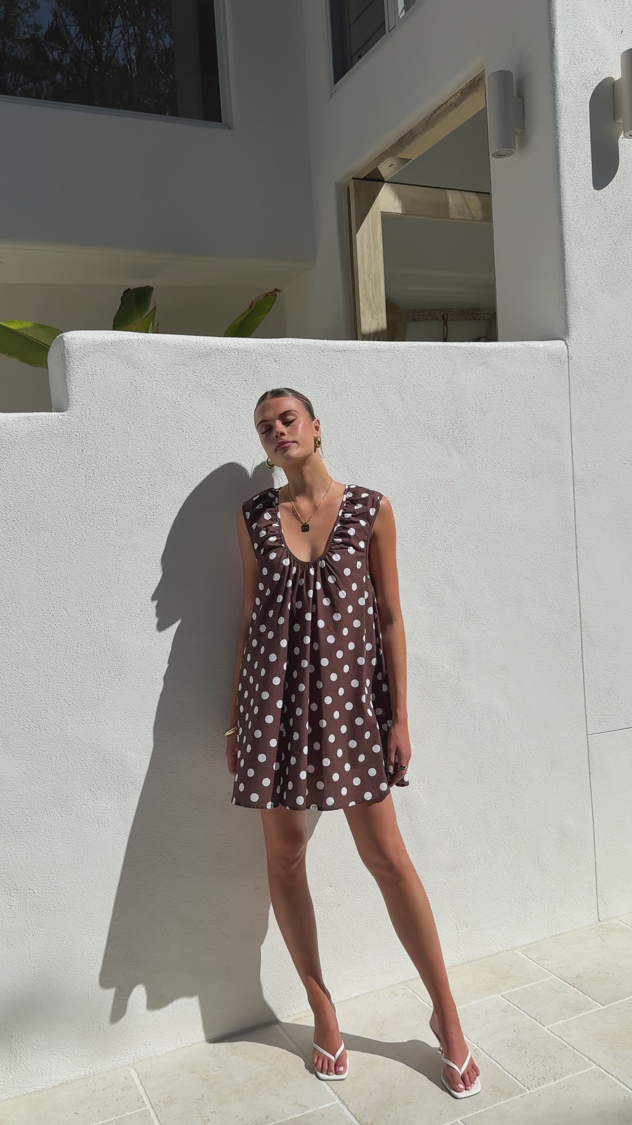 Load video: Vanessa Oversized Mini Dress - Brown Polka - Billy J