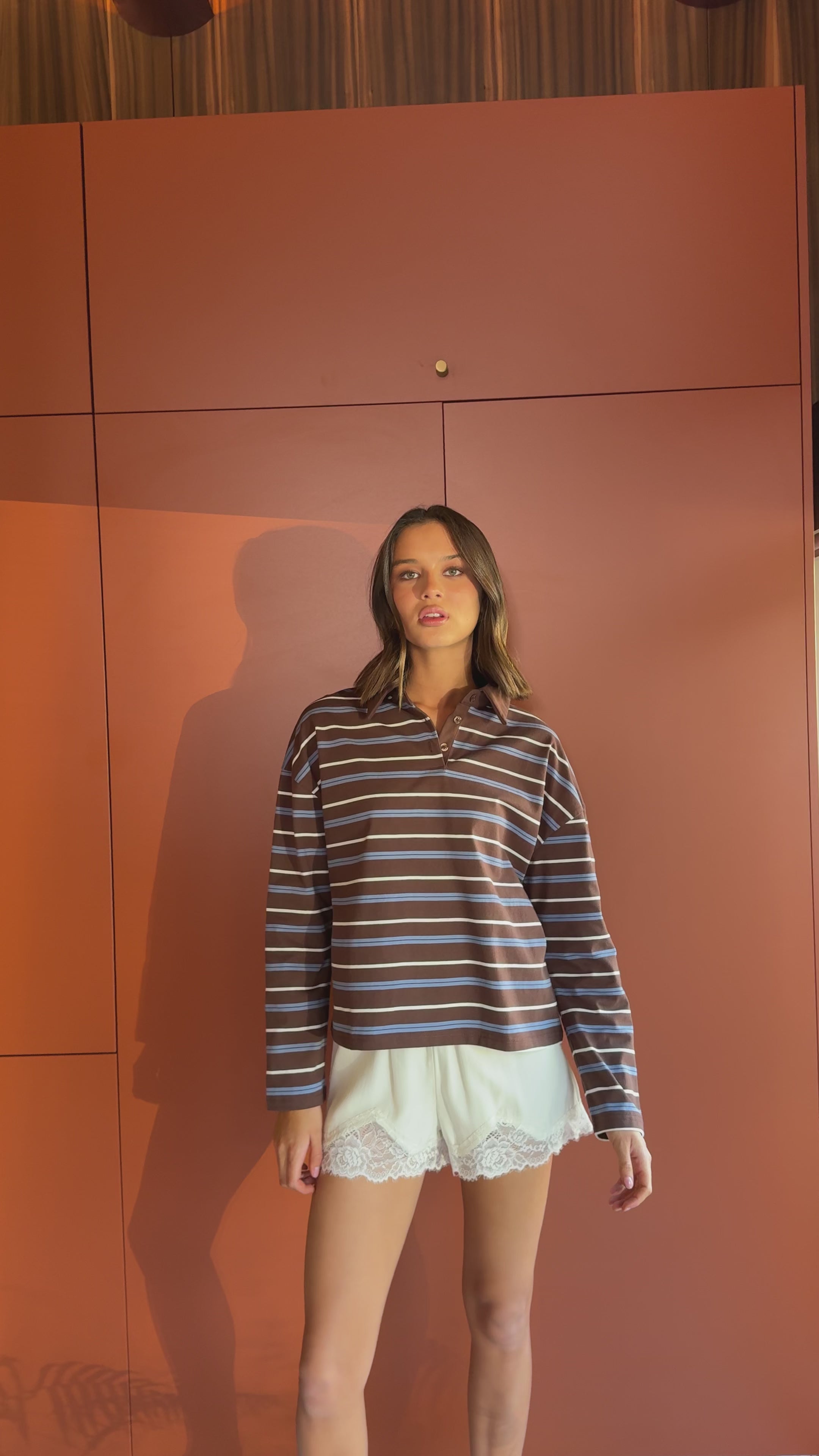 Load video: Isha Collared Long Sleeve Top - Brown Stripe - Billy J