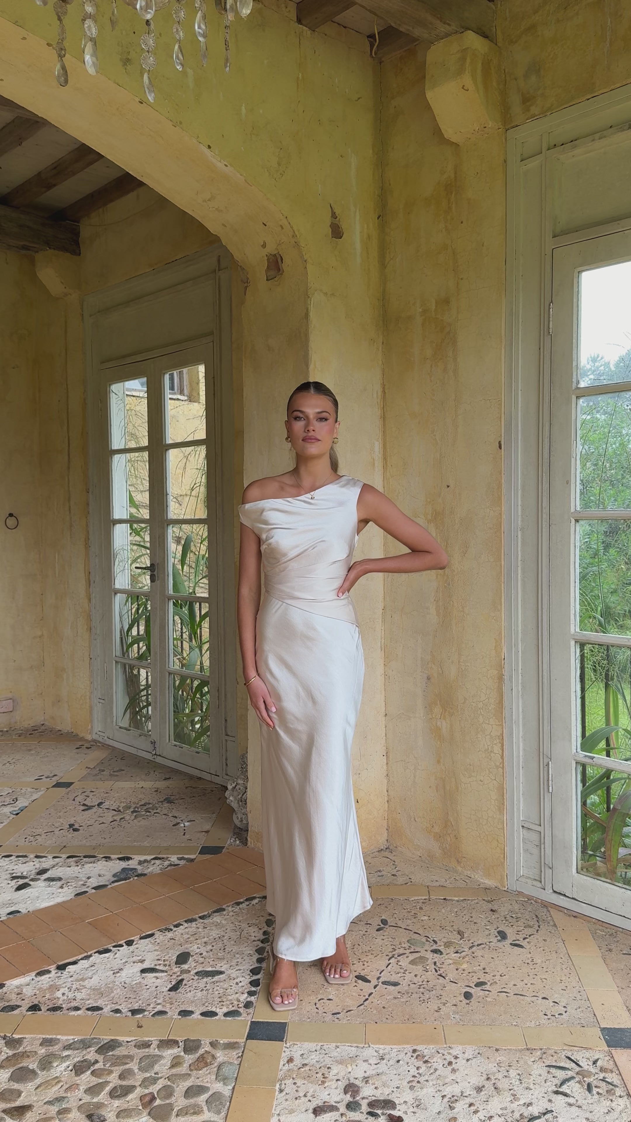 Load video: Auria Off Shoulder Maxi Dress - Champagne - Billy J
