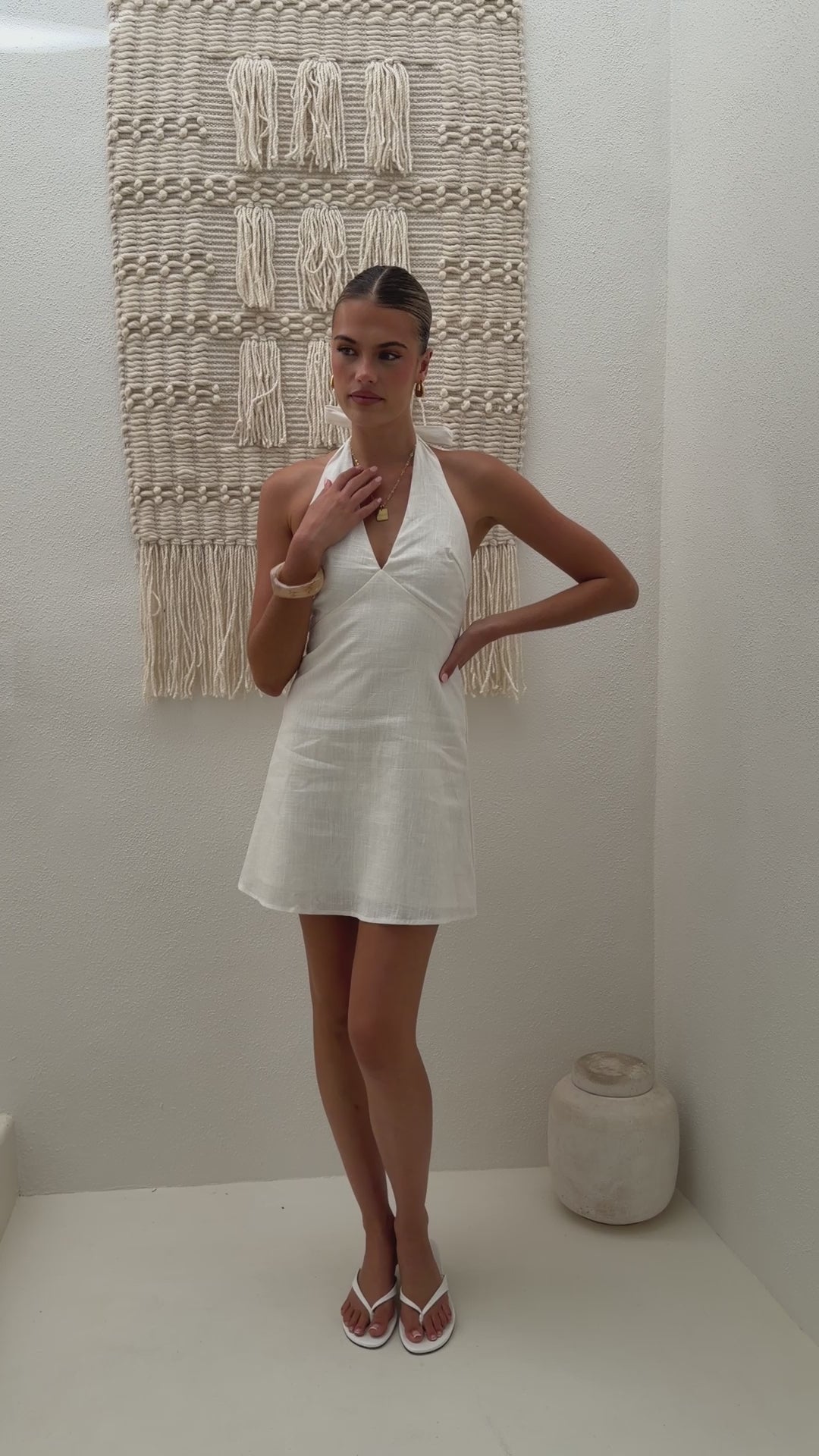 Load video: Wenona Halter Neck Mini Dress - White - Billy J