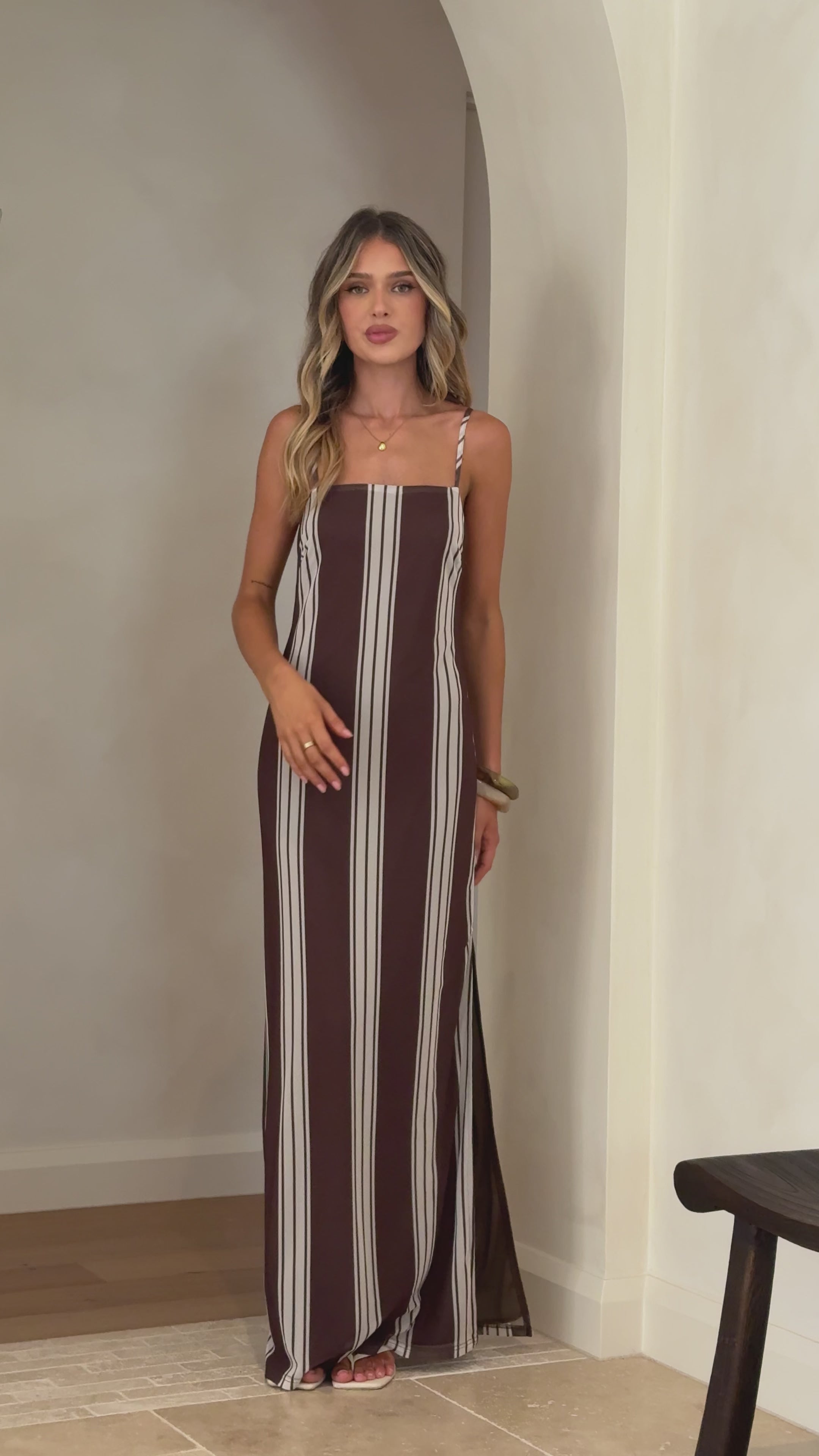 Load video: Bria Maxi Dress - Chocolate Stripe - Billy J