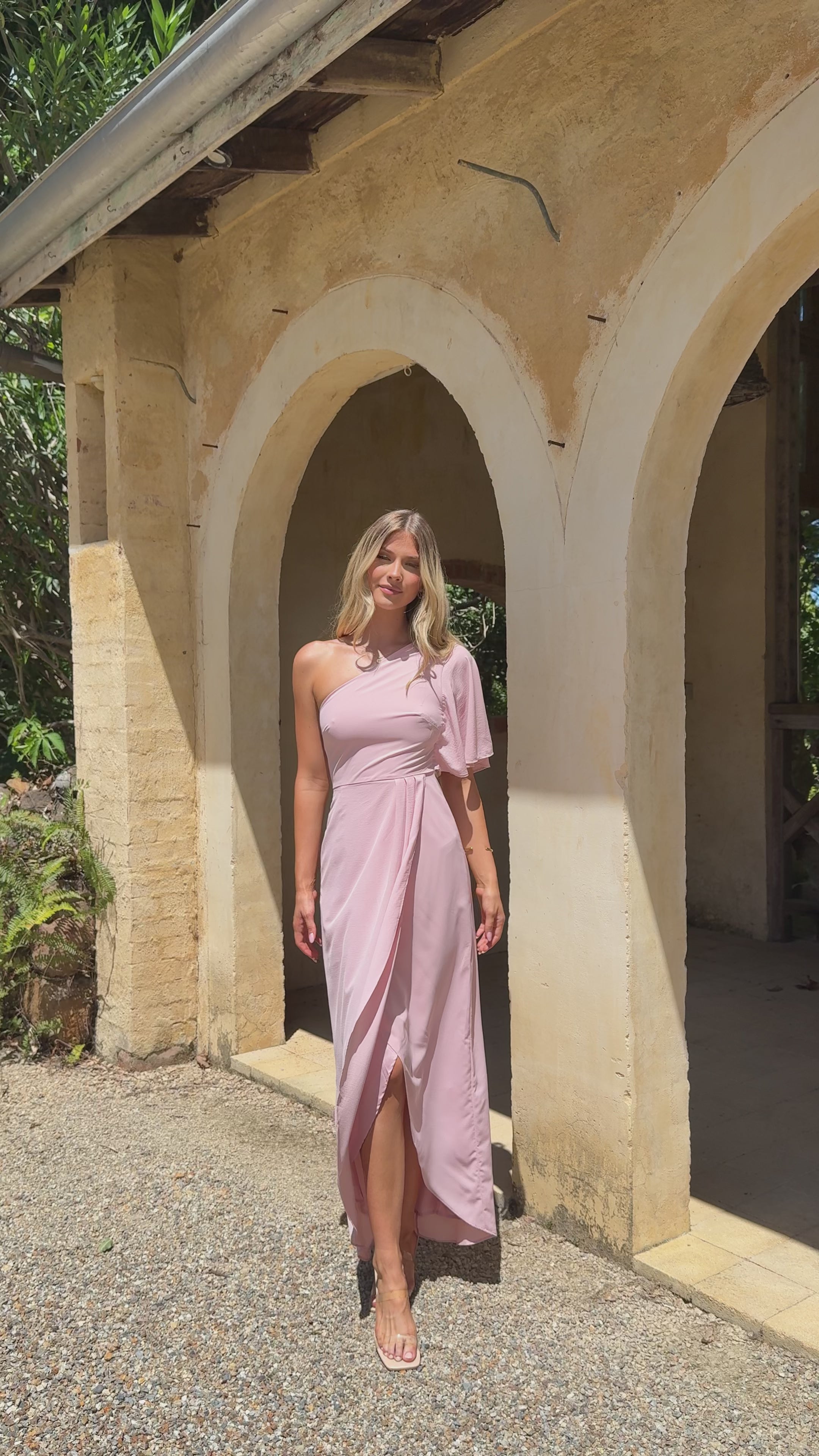 Load video: Emma One Sleeve Maxi Dress - Dusty Pink - Billy J