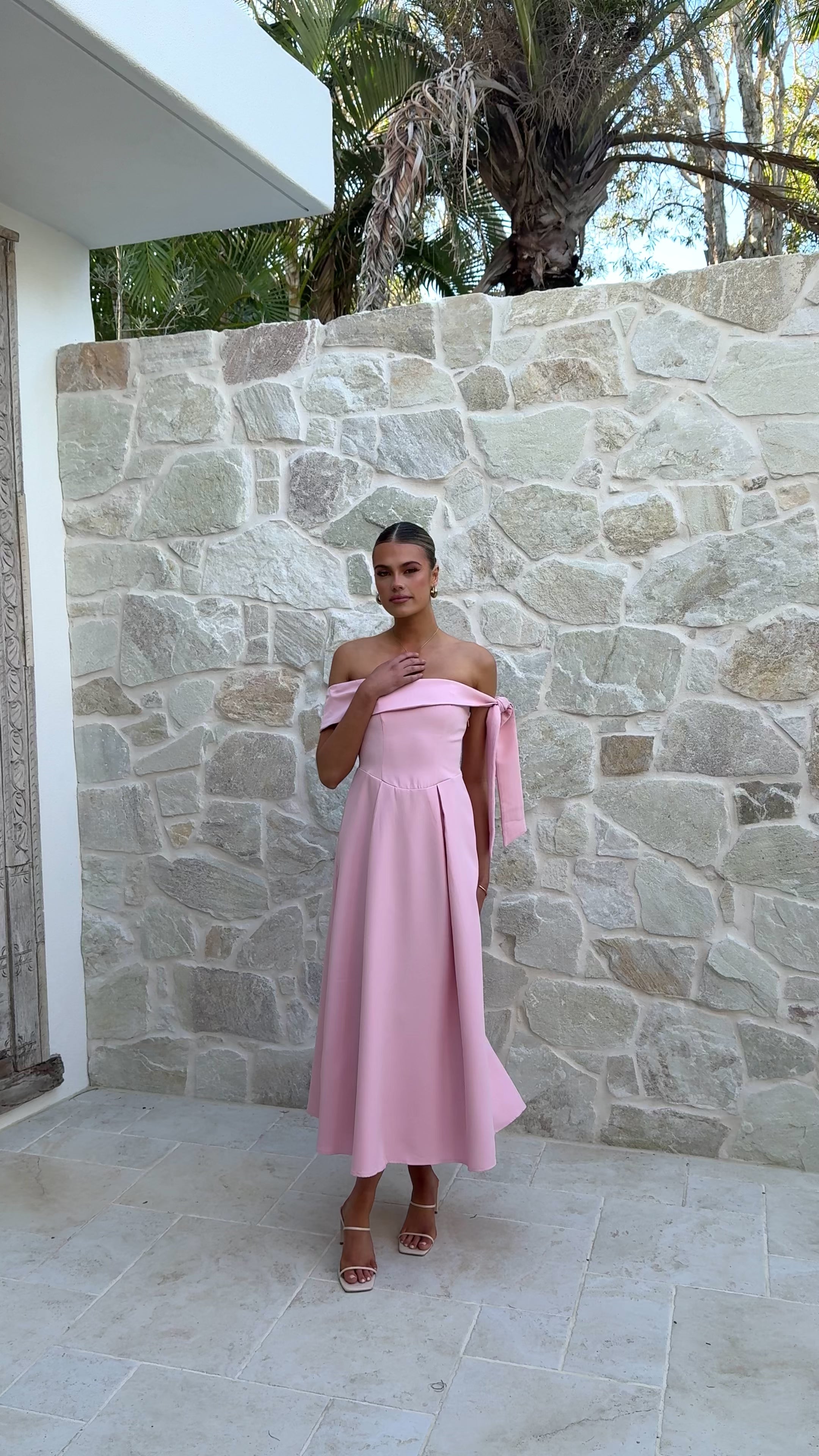 Load video: Bentley Off Shoulder Midi Dress - Pink - Billy J