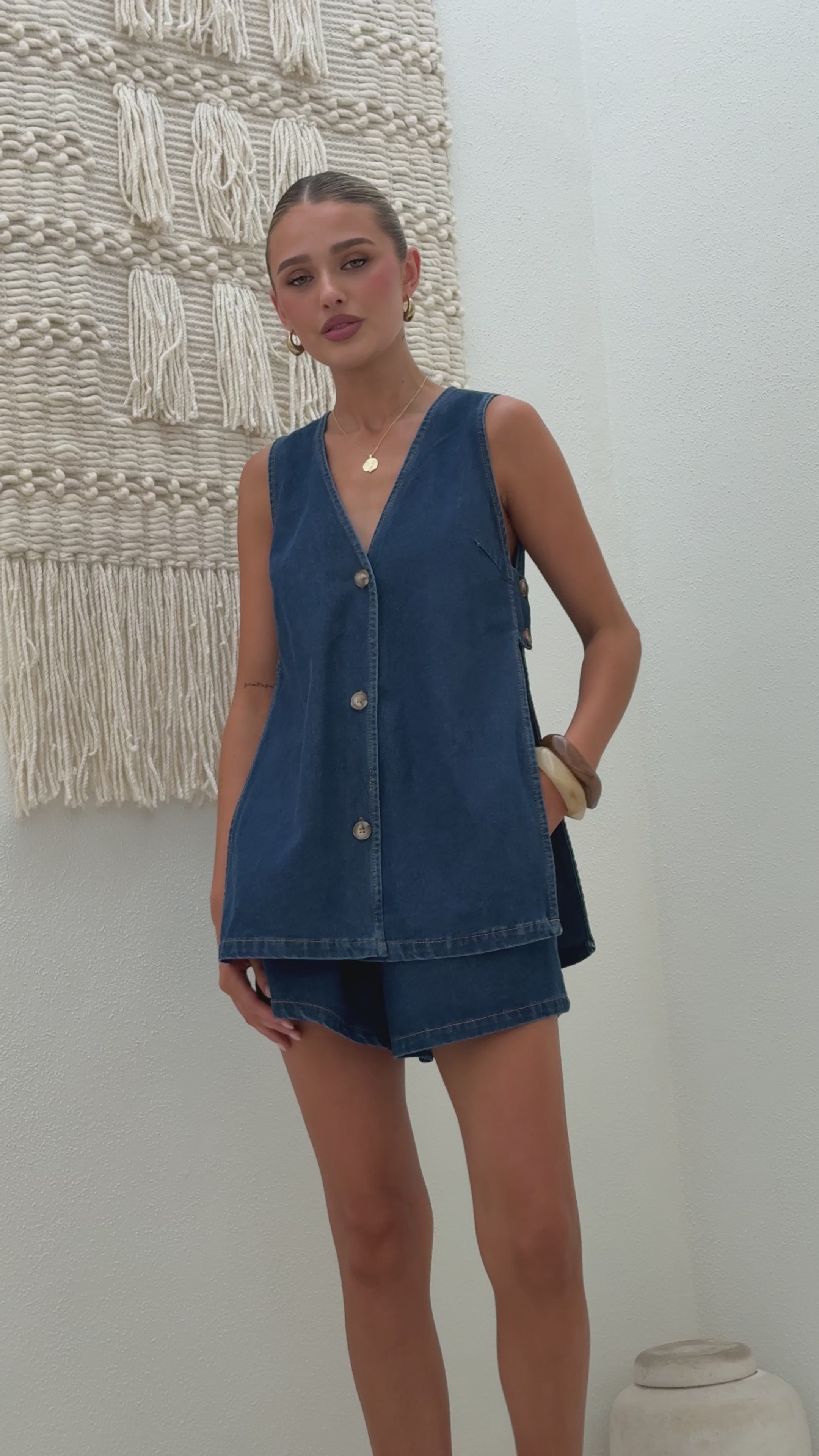 Load video: Hayley Vest and Shorts Set - Dark Denim - Billy J