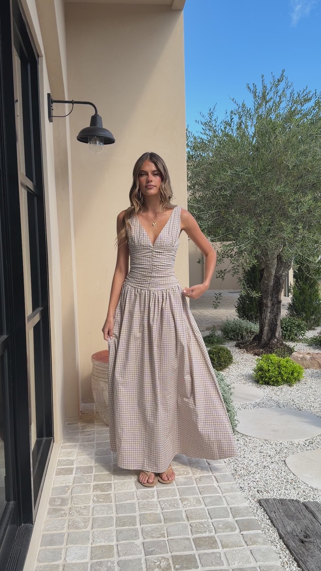 Load video: Sanya Maxi Dress - Beige Check - Billy J