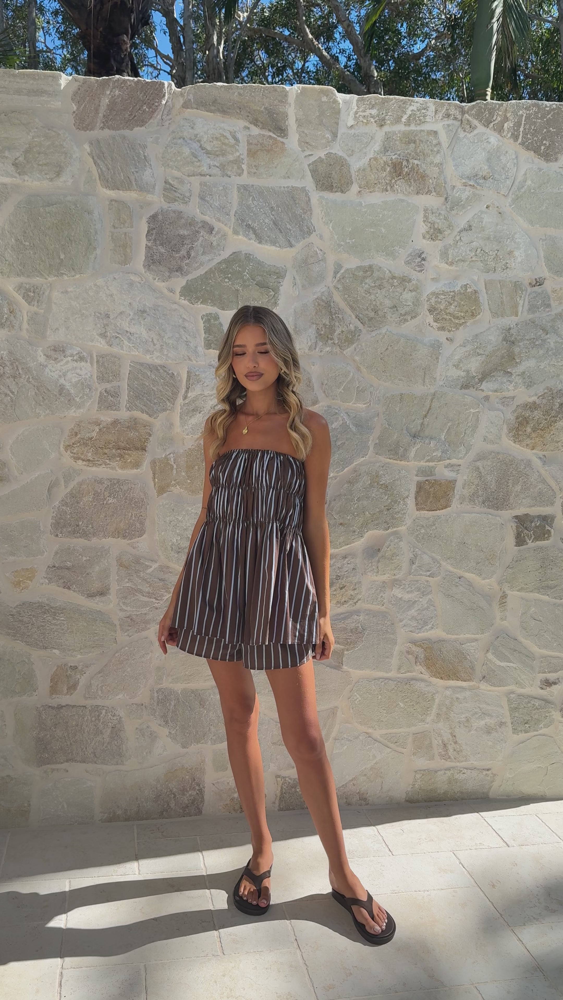 Load video: Kamala Strapless Cinch Top and Shorts Set - Chocolate/Blue Stripe - Billy J