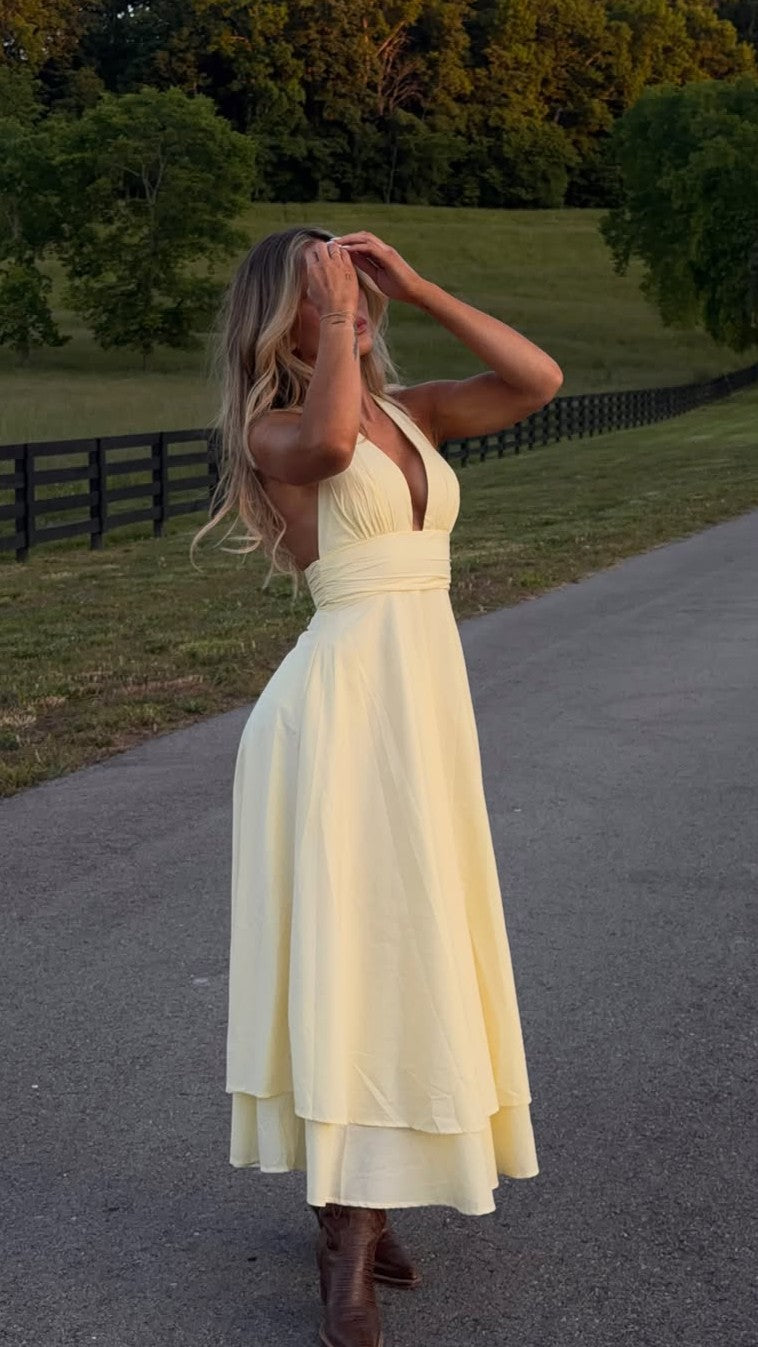 Kathy Halter Neck Maxi Dress - Lemon - Billy J