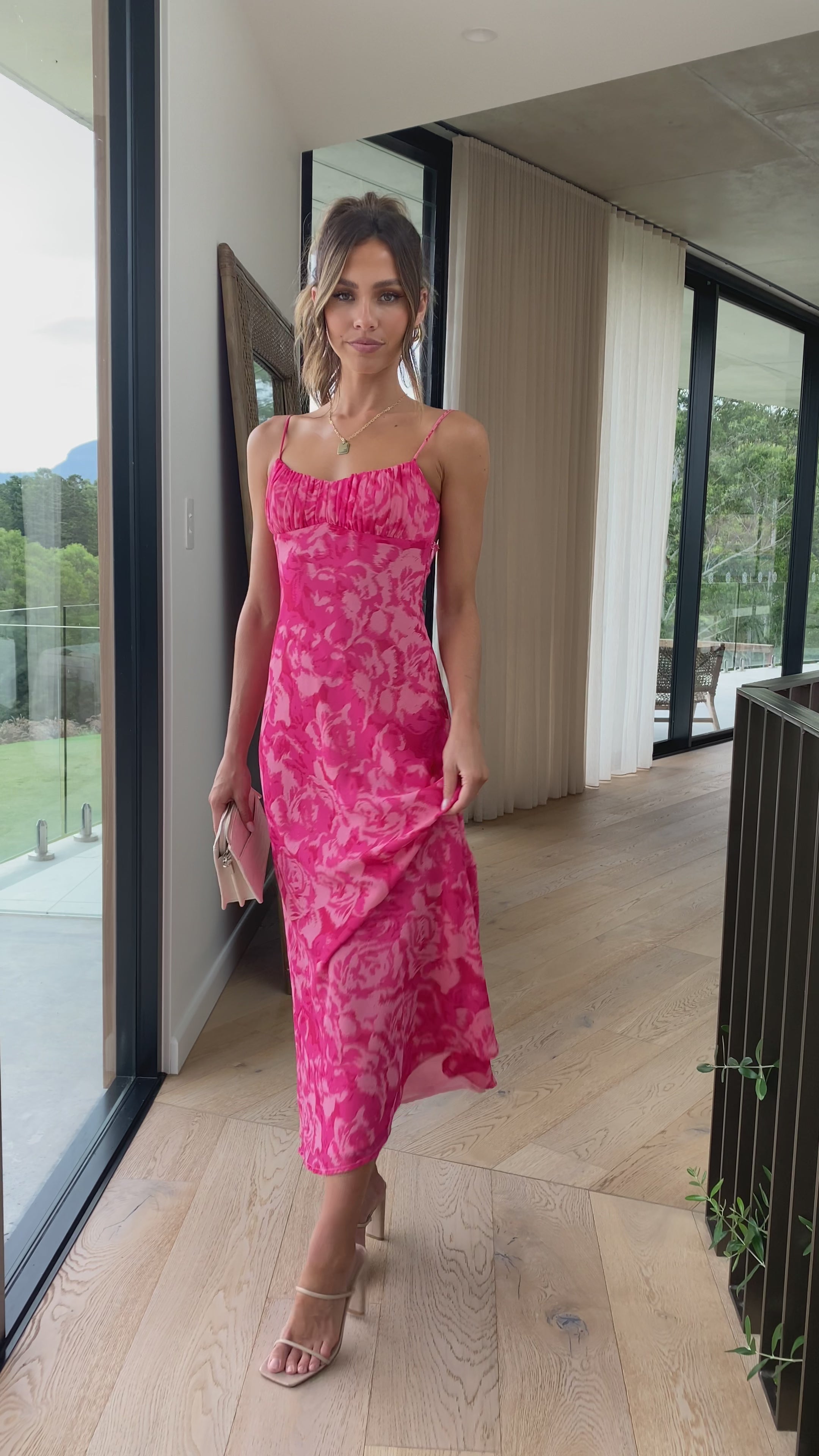 Load video: Margie Midi Dress - Pink Floral - Billy J